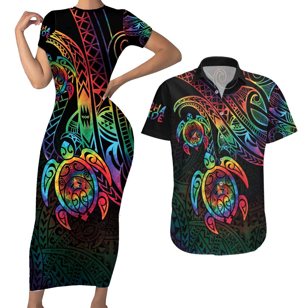 Hawaii Pride Couples Matching Short Sleeve Bodycon Dress and Hawaiian Shirt Rainbow Swirls LT7 Colorful - Polynesian Pride