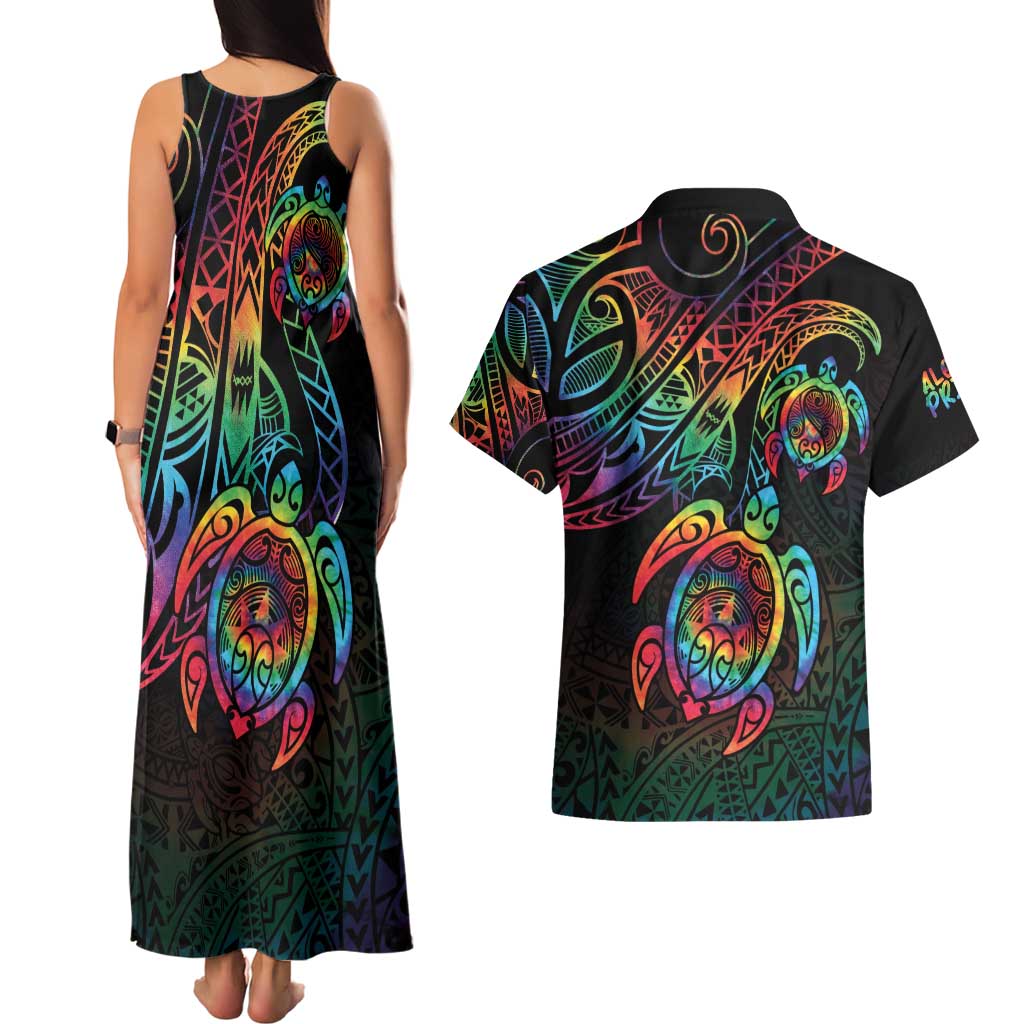 Hawaii Pride Couples Matching Tank Maxi Dress and Hawaiian Shirt Rainbow Swirls