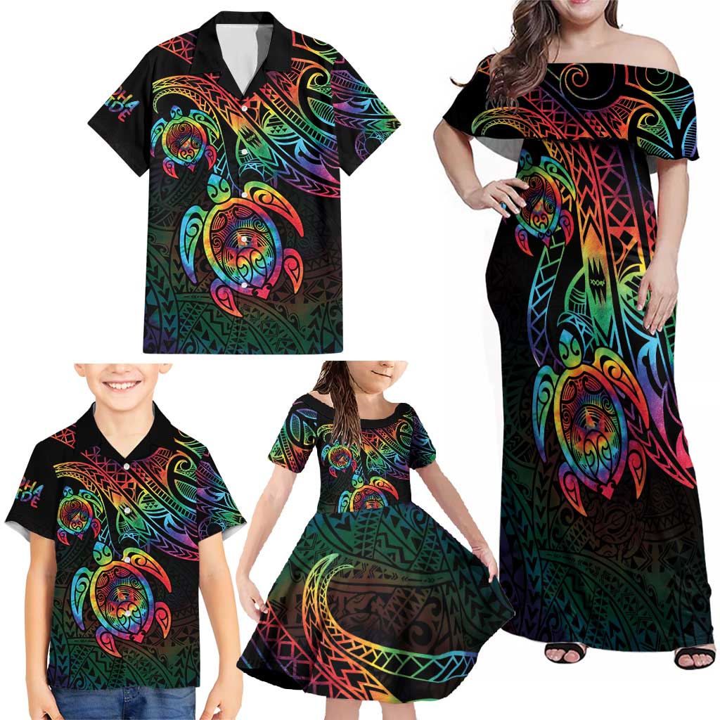 Hawaii Pride Family Matching Off Shoulder Maxi Dress and Hawaiian Shirt Rainbow Swirls