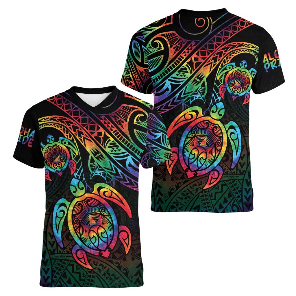 Hawaii Pride Women V-Neck T-Shirt Rainbow Swirls LT7 - Polynesian Pride