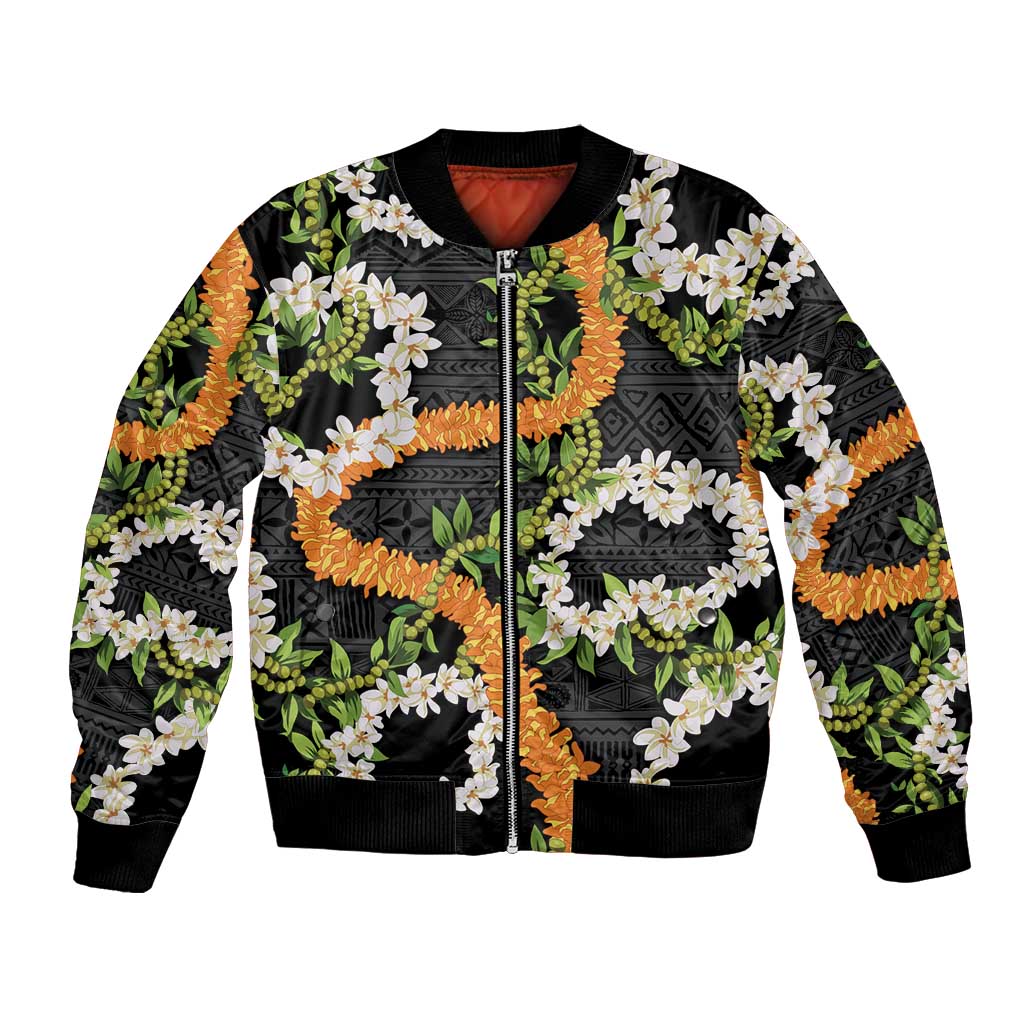 Aloha Festive Hawaii Bomber Jacket Mokihana - Maile and Ilima on Black - Polynesian Pride