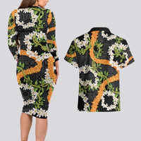 Aloha Festive Hawaii Couples Matching Long Sleeve Bodycon Dress and Hawaiian Shirt Mokihana - Maile and Ilima on Black - Polynesian Pride