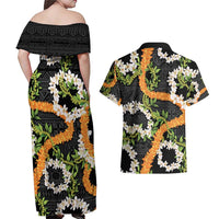 Aloha Festive Hawaii Couples Matching Off Shoulder Maxi Dress and Hawaiian Shirt Mokihana - Maile and Ilima on Black - Polynesian Pride