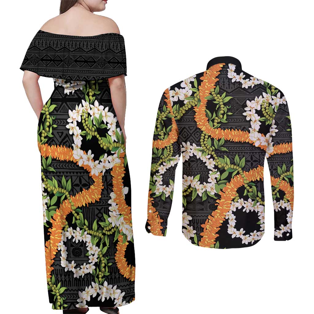 Aloha Festive Hawaii Couples Matching Off Shoulder Maxi Dress and Long Sleeve Button Shirt Mokihana - Maile and Ilima on Black - Polynesian Pride