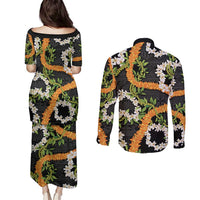 Aloha Festive Hawaii Couples Matching Puletasi and Long Sleeve Button Shirt Mokihana - Maile and Ilima on Black - Polynesian Pride