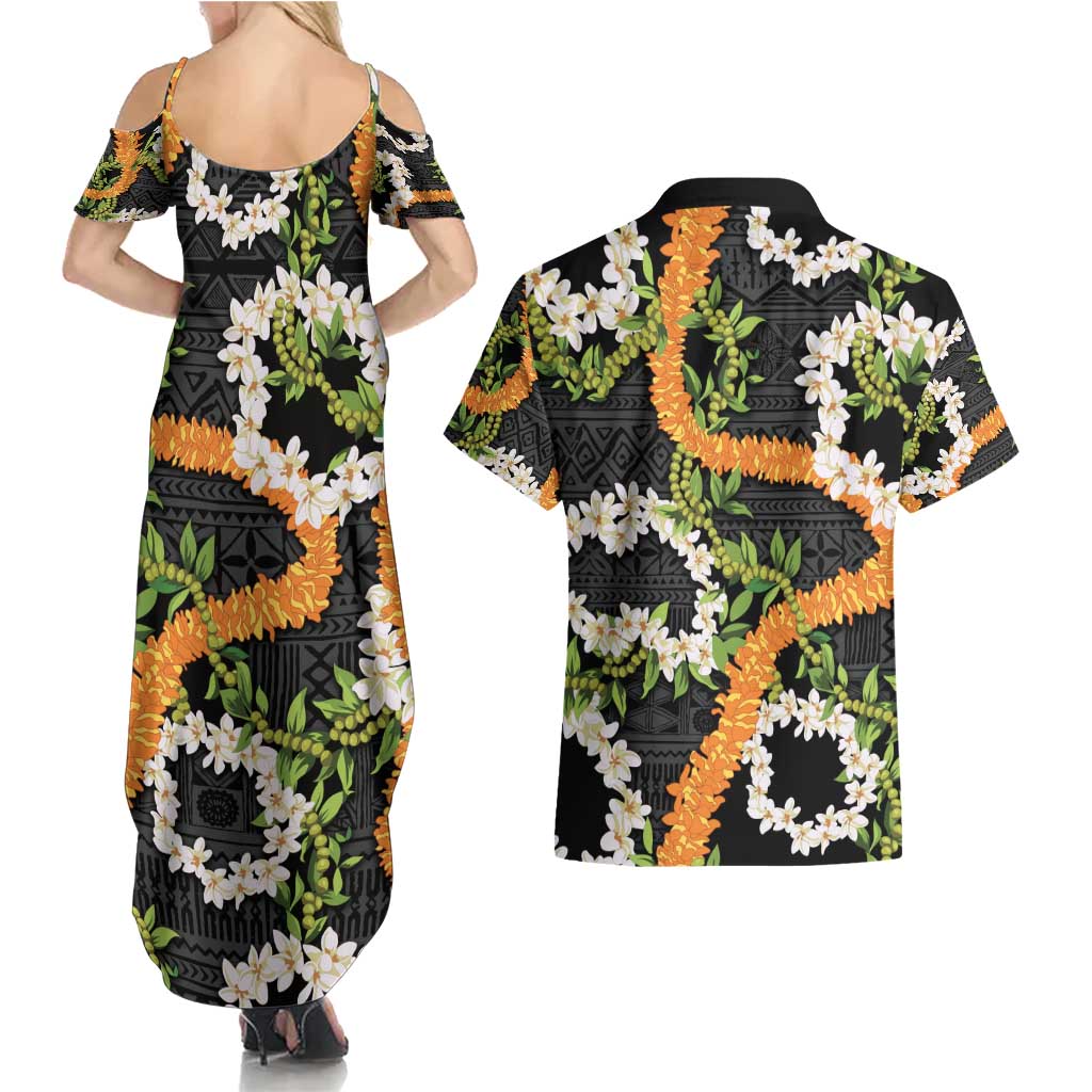 Aloha Festive Hawaii Couples Matching Summer Maxi Dress and Hawaiian Shirt Mokihana - Maile and Ilima on Black - Polynesian Pride