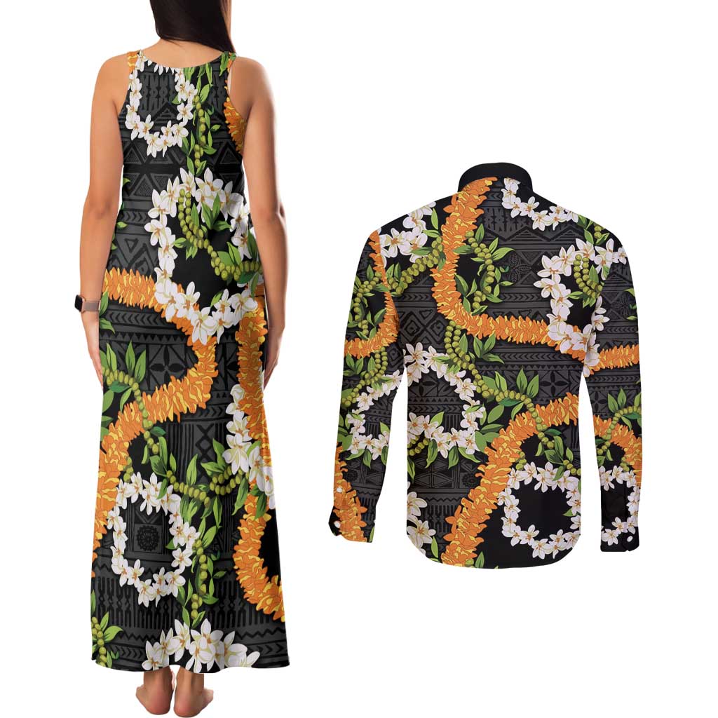 Aloha Festive Hawaii Couples Matching Tank Maxi Dress and Long Sleeve Button Shirt Mokihana - Maile and Ilima on Black - Polynesian Pride