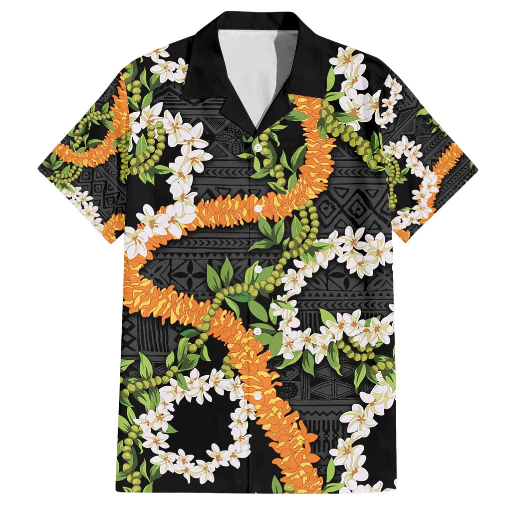 Aloha Festive Hawaii Family Matching Off Shoulder Short Dress and Hawaiian Shirt Mokihana - Maile and Ilima on Black - Polynesian Pride