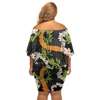 Aloha Festive Hawaii Family Matching Off Shoulder Short Dress and Hawaiian Shirt Mokihana - Maile and Ilima on Black - Polynesian Pride