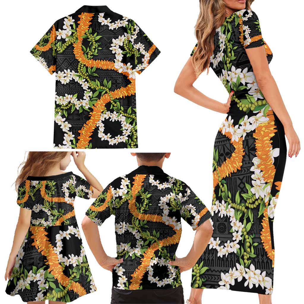 Aloha Festive Hawaii Family Matching Short Sleeve Bodycon Dress and Hawaiian Shirt Mokihana - Maile and Ilima on Black - Polynesian Pride