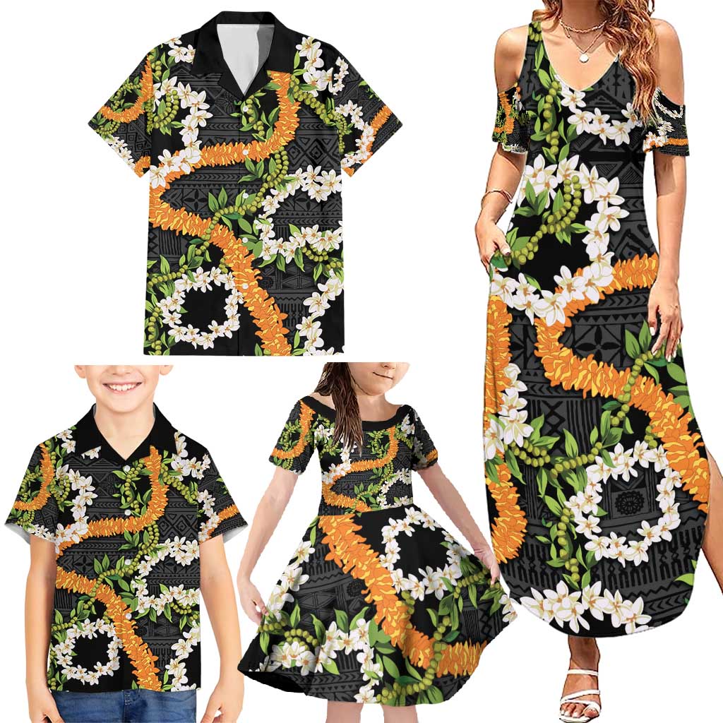 Aloha Festive Hawaii Family Matching Summer Maxi Dress and Hawaiian Shirt Mokihana - Maile and Ilima on Black - Polynesian Pride
