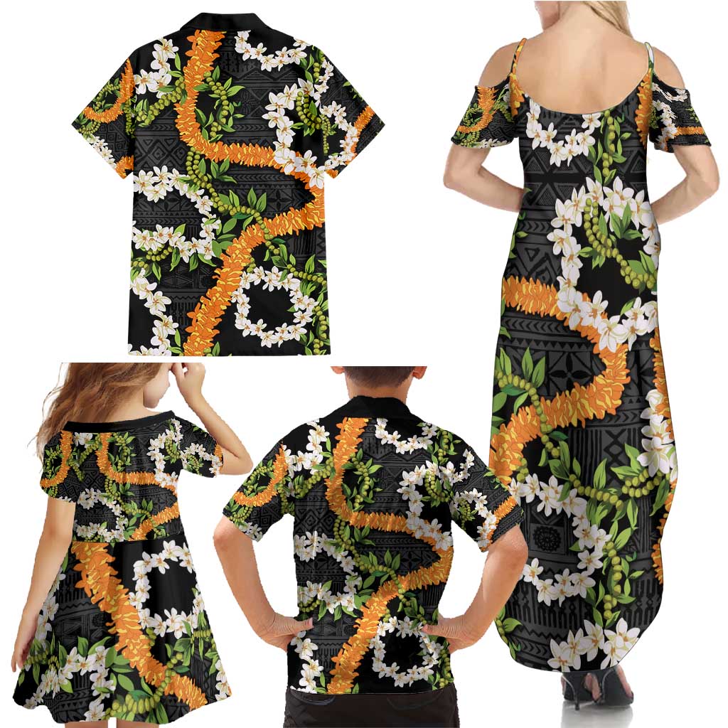 Aloha Festive Hawaii Family Matching Summer Maxi Dress and Hawaiian Shirt Mokihana - Maile and Ilima on Black - Polynesian Pride