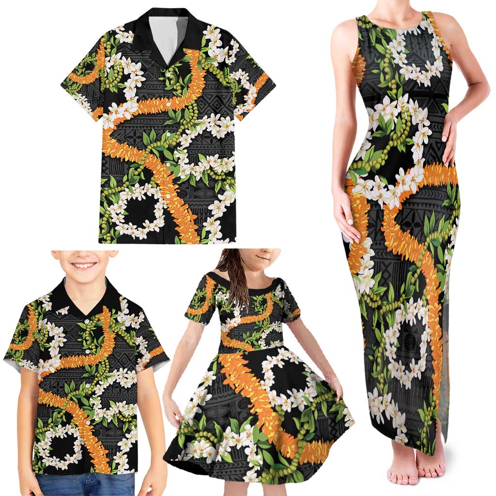 Aloha Festive Hawaii Family Matching Tank Maxi Dress and Hawaiian Shirt Mokihana - Maile and Ilima on Black - Polynesian Pride