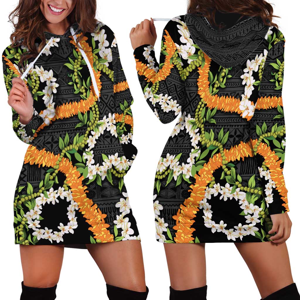 Aloha Festive Hawaii Hoodie Dress Mokihana - Maile and Ilima on Black - Polynesian Pride