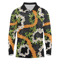 Aloha Festive Hawaii Long Sleeve Polo Shirt Mokihana - Maile and Ilima on Black - Polynesian Pride