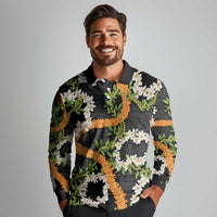 Aloha Festive Hawaii Long Sleeve Polo Shirt Mokihana - Maile and Ilima on Black - Polynesian Pride