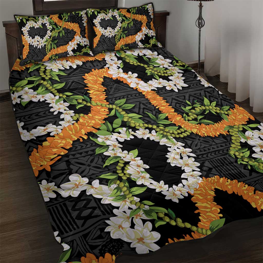 Aloha Festive Hawaii Quilt Bed Set Mokihana - Maile and Ilima on Black - Polynesian Pride