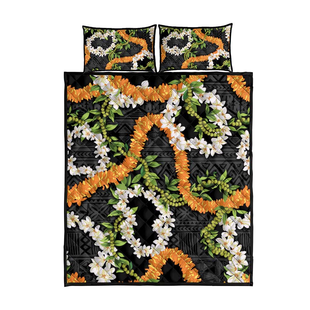 Aloha Festive Hawaii Quilt Bed Set Mokihana - Maile and Ilima on Black - Polynesian Pride
