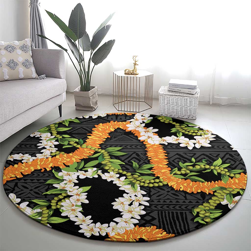 Aloha Festive Hawaii Round Carpet Mokihana - Maile and Ilima on Black - Polynesian Pride