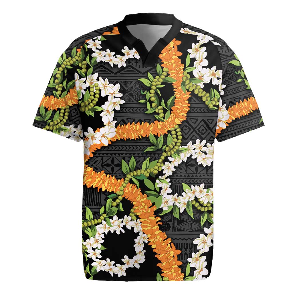 Aloha Festive Hawaii Rugby Jersey Mokihana - Maile and Ilima on Black - Polynesian Pride