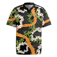 Aloha Festive Hawaii Rugby Jersey Mokihana - Maile and Ilima on Black - Polynesian Pride