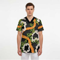 Aloha Festive Hawaii Scrub Top Mokihana - Maile and Ilima on Black - Polynesian Pride