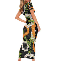 Aloha Festive Hawaii Short Sleeve Bodycon Dress Mokihana - Maile and Ilima on Black - Polynesian Pride
