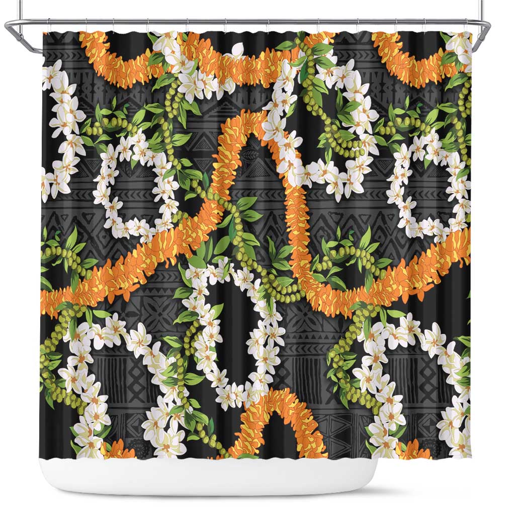 Aloha Festive Hawaii Shower Curtain Mokihana - Maile and Ilima on Black - Polynesian Pride