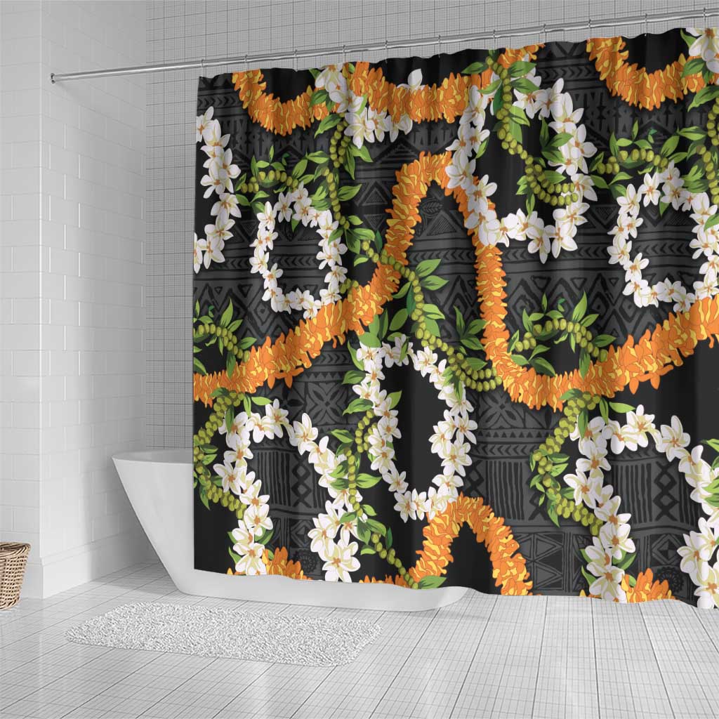 Aloha Festive Hawaii Shower Curtain Mokihana - Maile and Ilima on Black - Polynesian Pride
