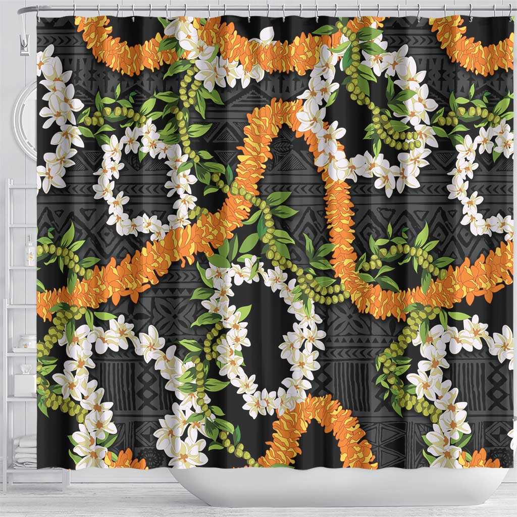 Aloha Festive Hawaii Shower Curtain Mokihana - Maile and Ilima on Black - Polynesian Pride