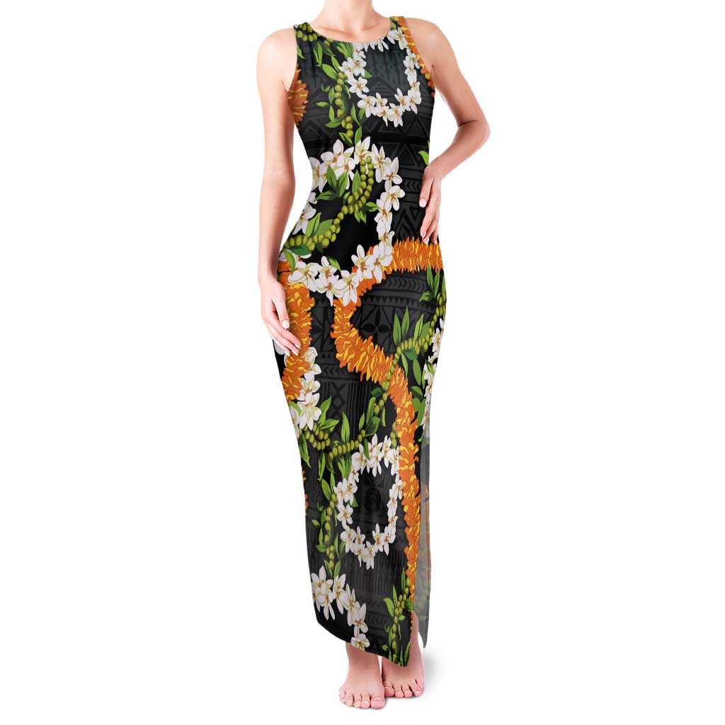 Aloha Festive Hawaii Tank Maxi Dress Mokihana - Maile and Ilima on Black - Polynesian Pride