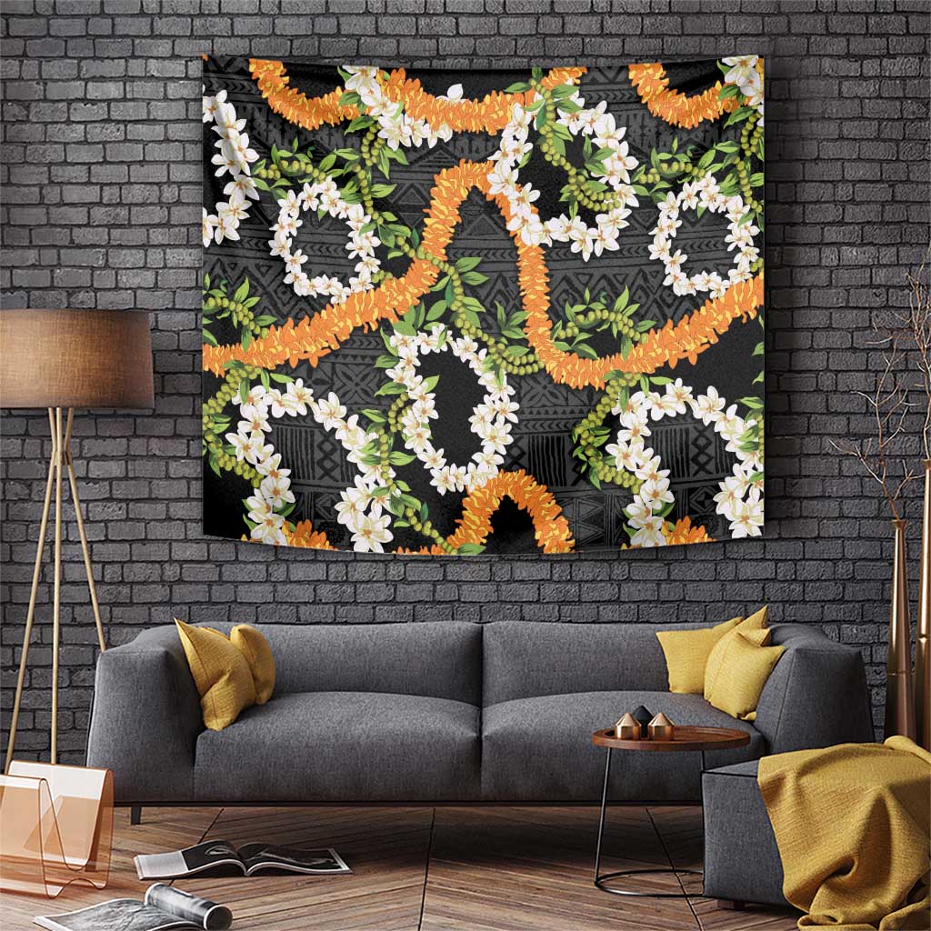 Aloha Festive Hawaii Tapestry Mokihana - Maile and Ilima on Black - Polynesian Pride
