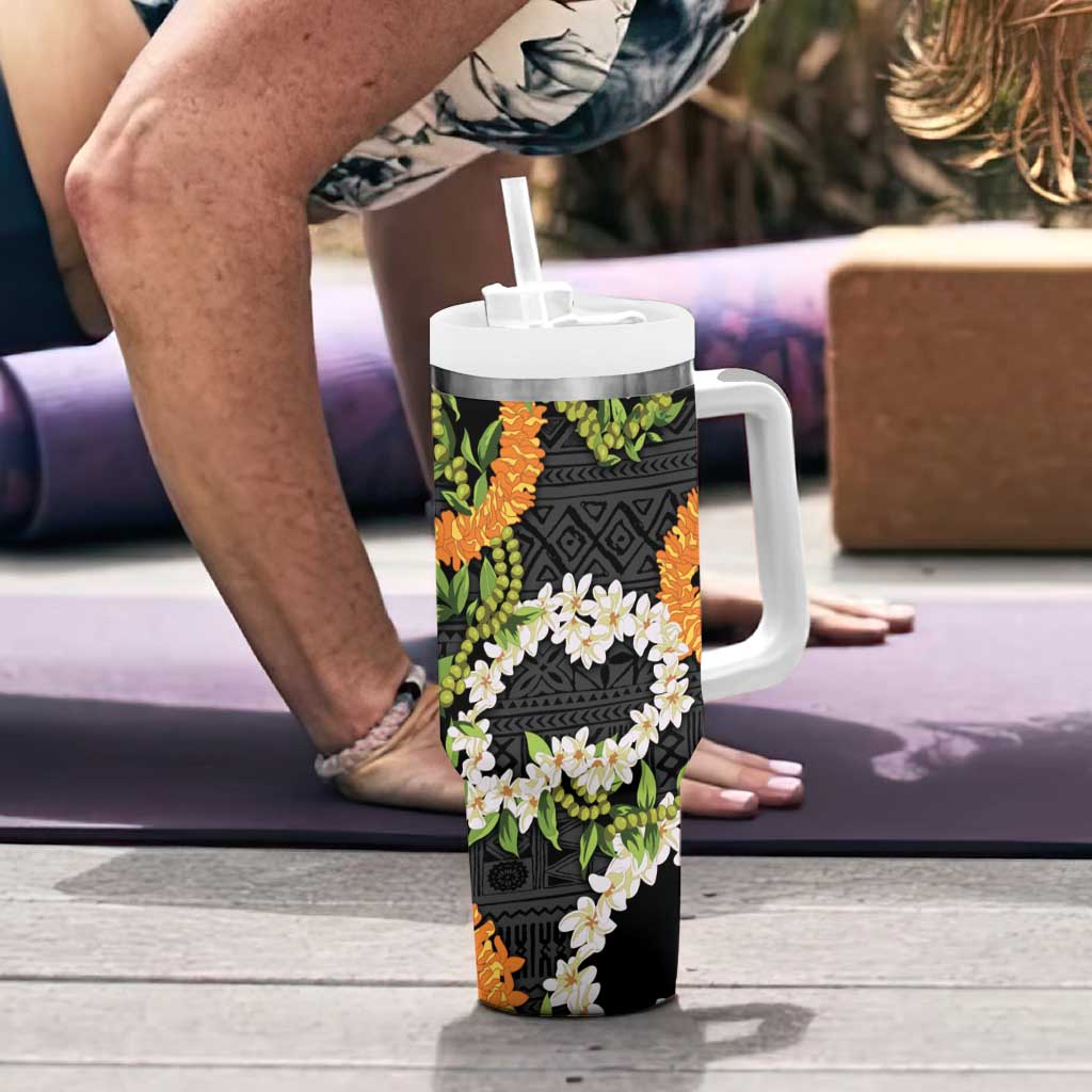 Aloha Festive Hawaii Tumbler With Handle Mokihana - Maile and Ilima on Black - Polynesian Pride