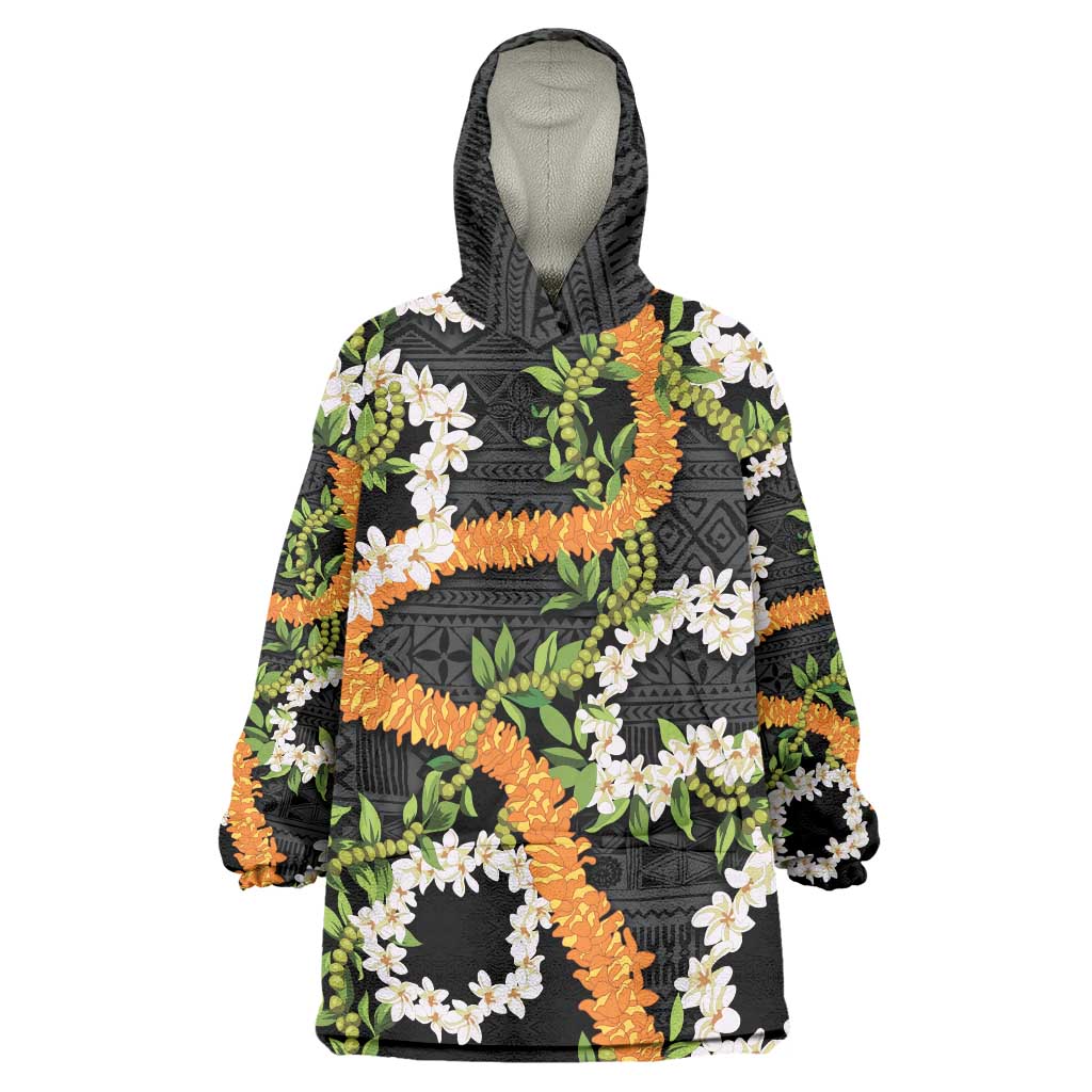 Aloha Festive Hawaii Wearable Blanket Hoodie Mokihana - Maile and Ilima on Black - Polynesian Pride