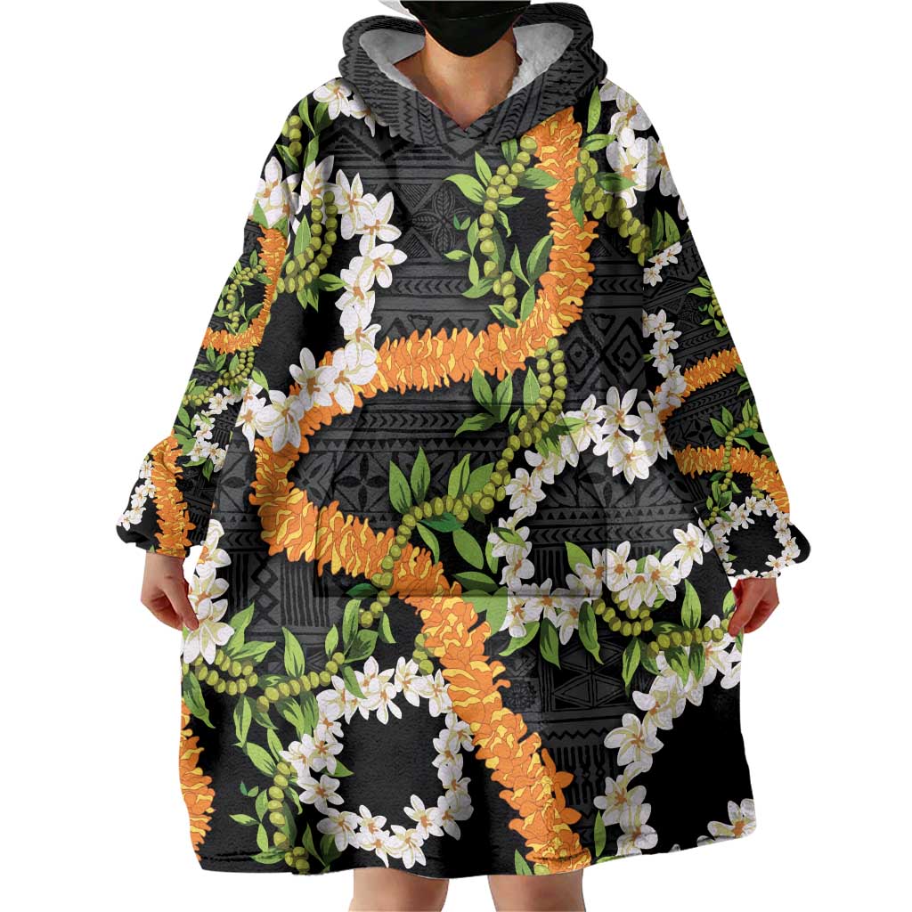 Aloha Festive Hawaii Wearable Blanket Hoodie Mokihana - Maile and Ilima on Black - Polynesian Pride