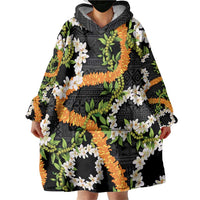 Aloha Festive Hawaii Wearable Blanket Hoodie Mokihana - Maile and Ilima on Black - Polynesian Pride