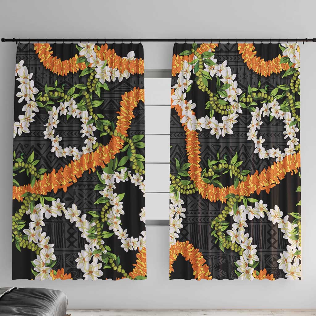Aloha Festive Hawaii Window Curtain Mokihana - Maile and Ilima on Black LT7 With Hooks Black - Polynesian Pride