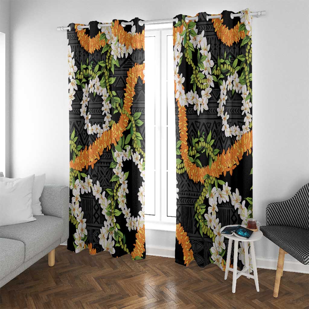 Aloha Festive Hawaii Window Curtain Mokihana - Maile and Ilima on Black LT7 With Grommets Black - Polynesian Pride