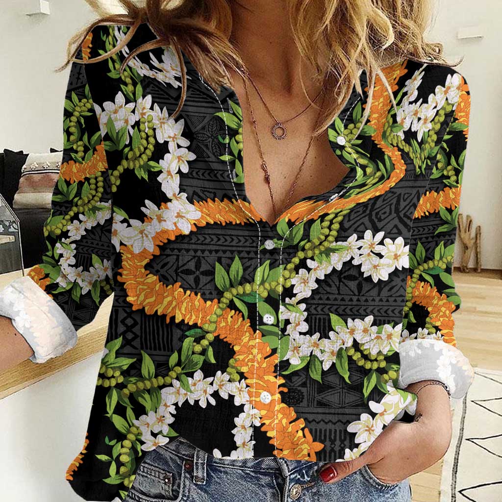 Aloha Festive Hawaii Women Casual Shirt Mokihana - Maile and Ilima on Black - Polynesian Pride