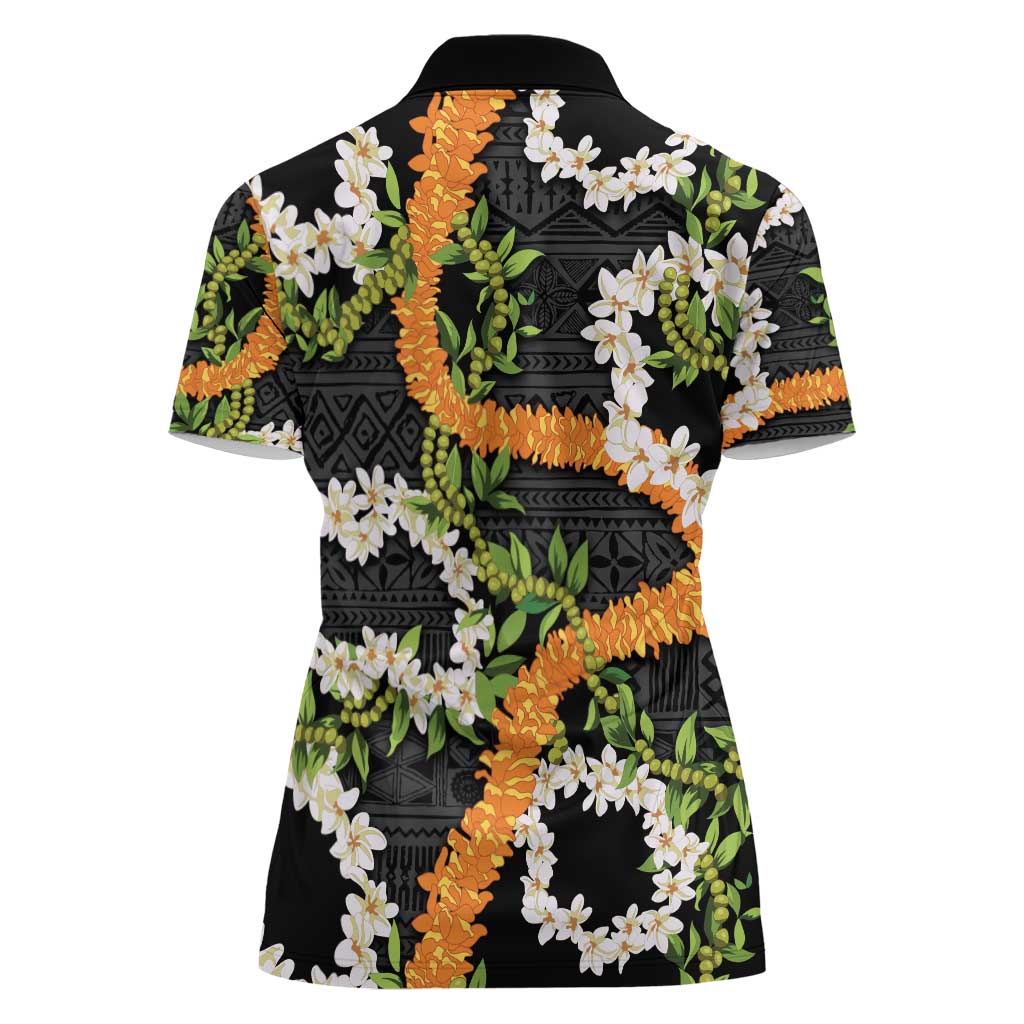 Aloha Festive Hawaii Women Polo Shirt Mokihana - Maile and Ilima on Black - Polynesian Pride