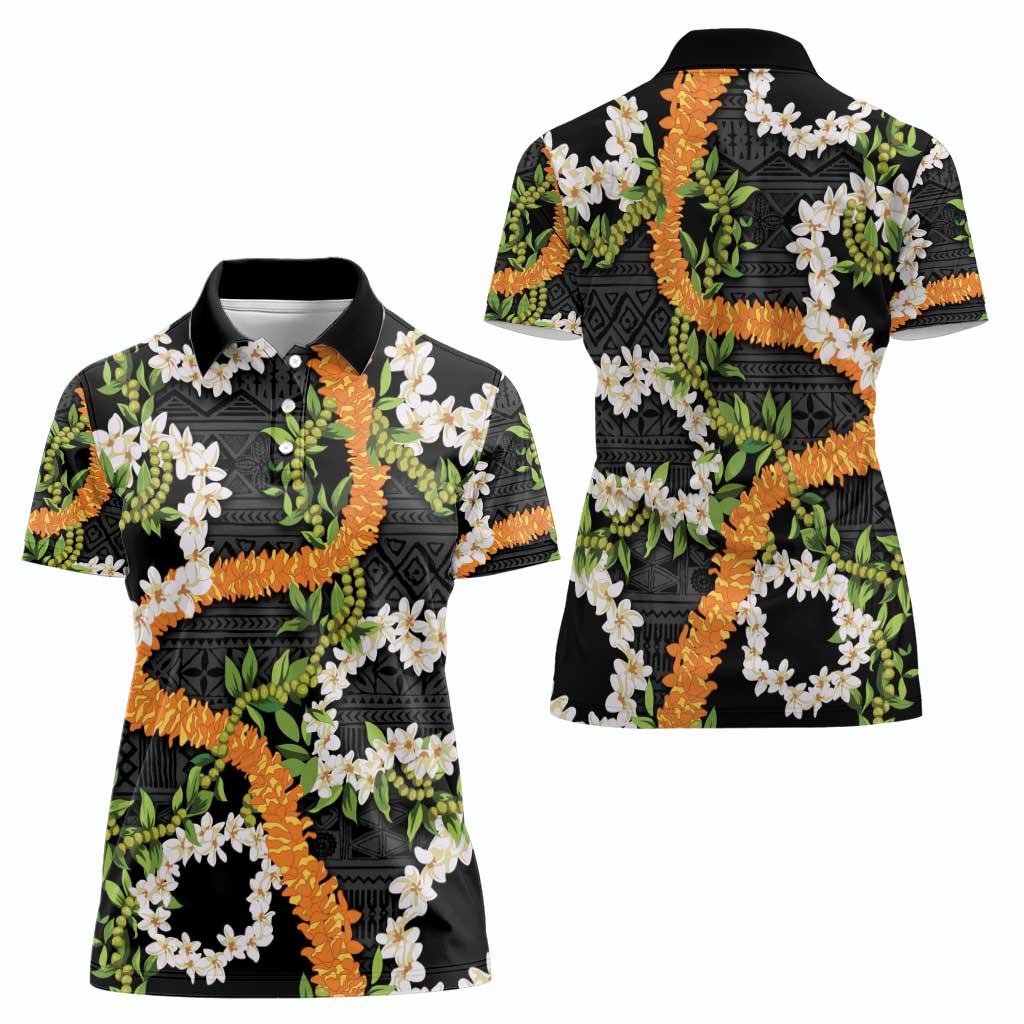 Aloha Festive Hawaii Women Polo Shirt Mokihana - Maile and Ilima on Black - Polynesian Pride