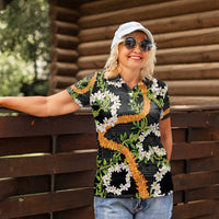 Aloha Festive Hawaii Women Polo Shirt Mokihana - Maile and Ilima on Black - Polynesian Pride