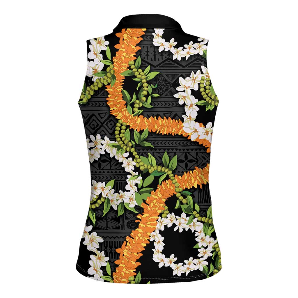 Aloha Festive Hawaii Women Sleeveless Polo Shirt Mokihana - Maile and Ilima on Black - Polynesian Pride