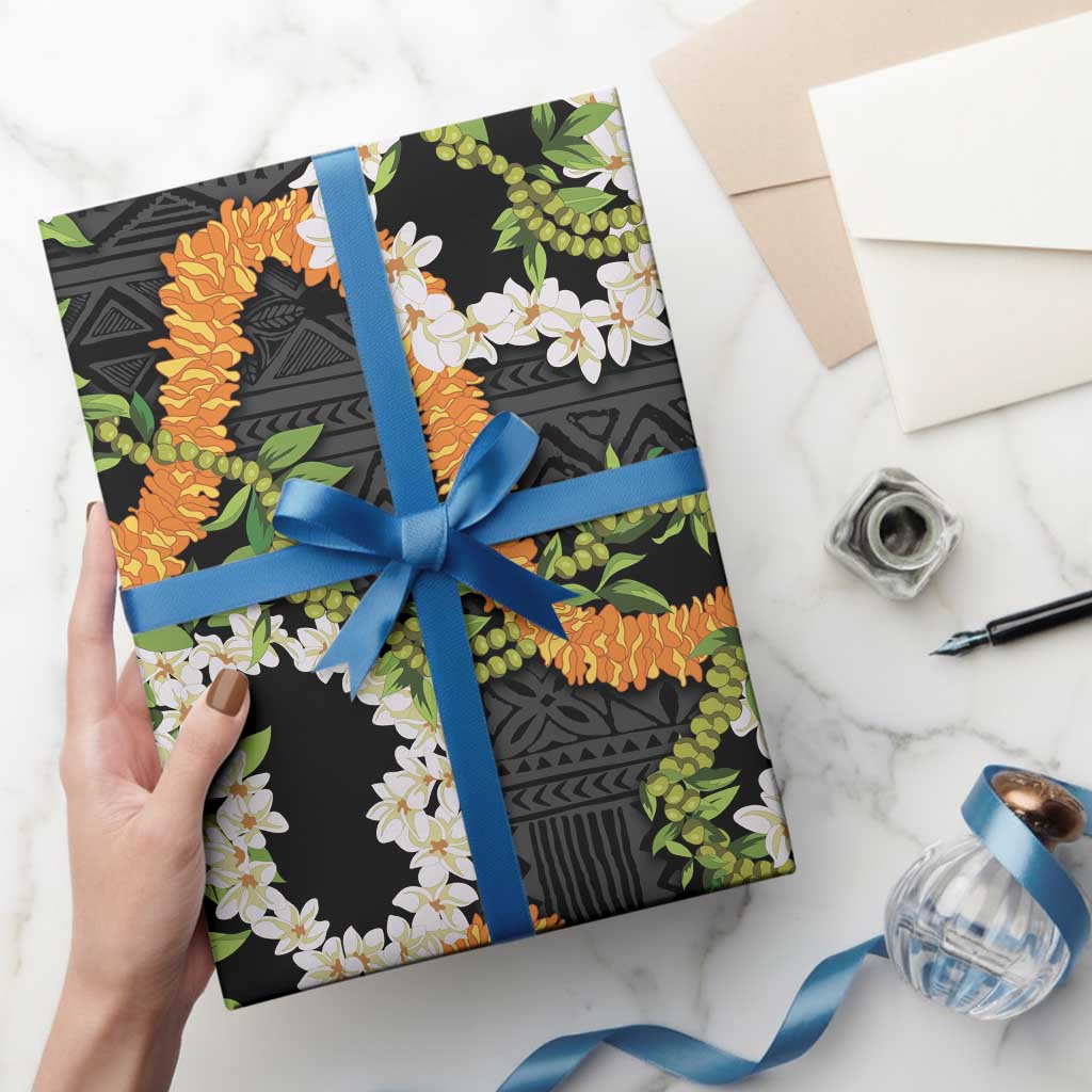 Aloha Festive Hawaii Wrapping Paper Mokihana - Maile and Ilima on Black LT7 - Polynesian Pride