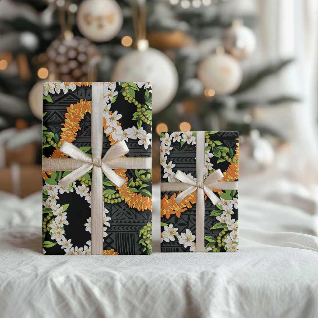 Aloha Festive Hawaii Wrapping Paper Mokihana - Maile and Ilima on Black LT7 - Polynesian Pride