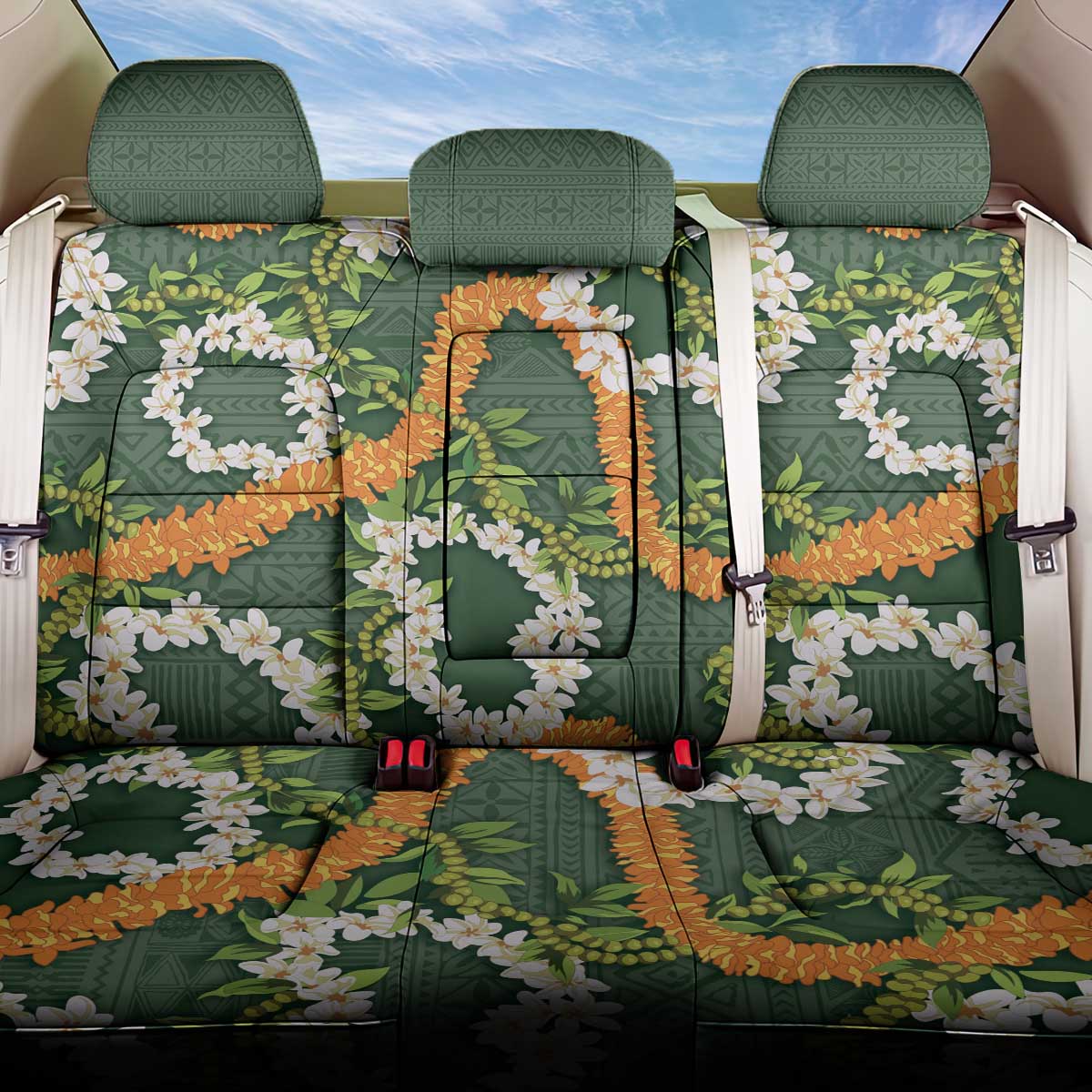 Aloha Festive Hawaii Back Car Seat Cover Mokihana - Maile and Ilima on Forest Green - Polynesian Pride