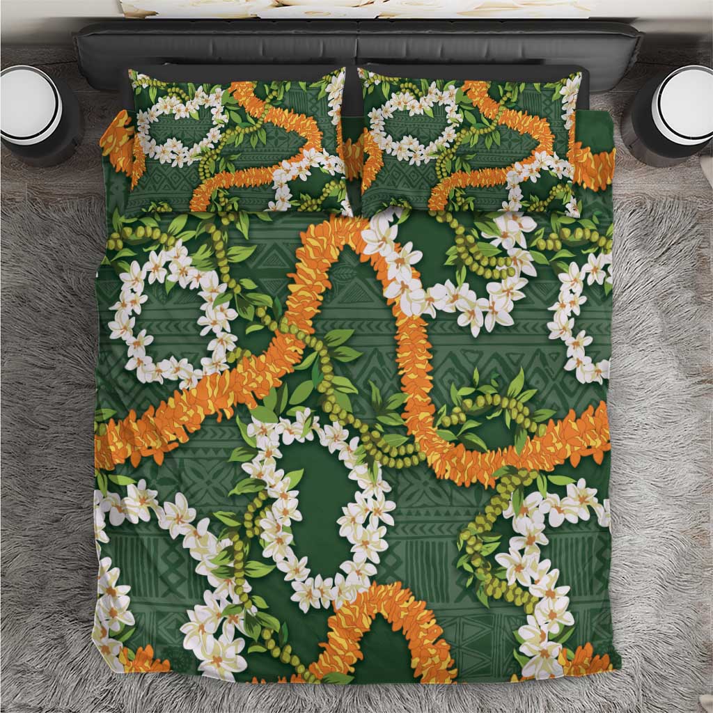 Aloha Festive Hawaii Bedding Set Mokihana - Maile and Ilima on Forest Green - Polynesian Pride