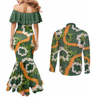 Aloha Festive Hawaii Couples Matching Mermaid Dress and Long Sleeve Button Shirt Mokihana - Maile and Ilima on Forest Green - Polynesian Pride