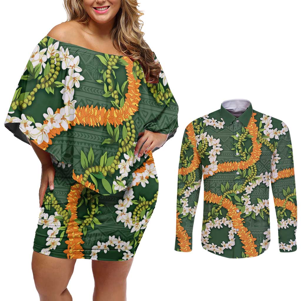 Aloha Festive Hawaii Couples Matching Off Shoulder Short Dress and Long Sleeve Button Shirt Mokihana - Maile and Ilima on Forest Green - Polynesian Pride