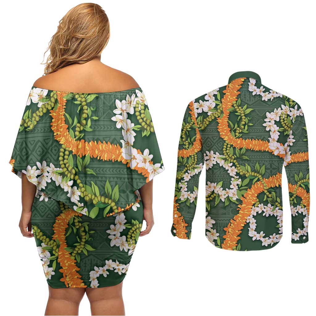 Aloha Festive Hawaii Couples Matching Off Shoulder Short Dress and Long Sleeve Button Shirt Mokihana - Maile and Ilima on Forest Green - Polynesian Pride